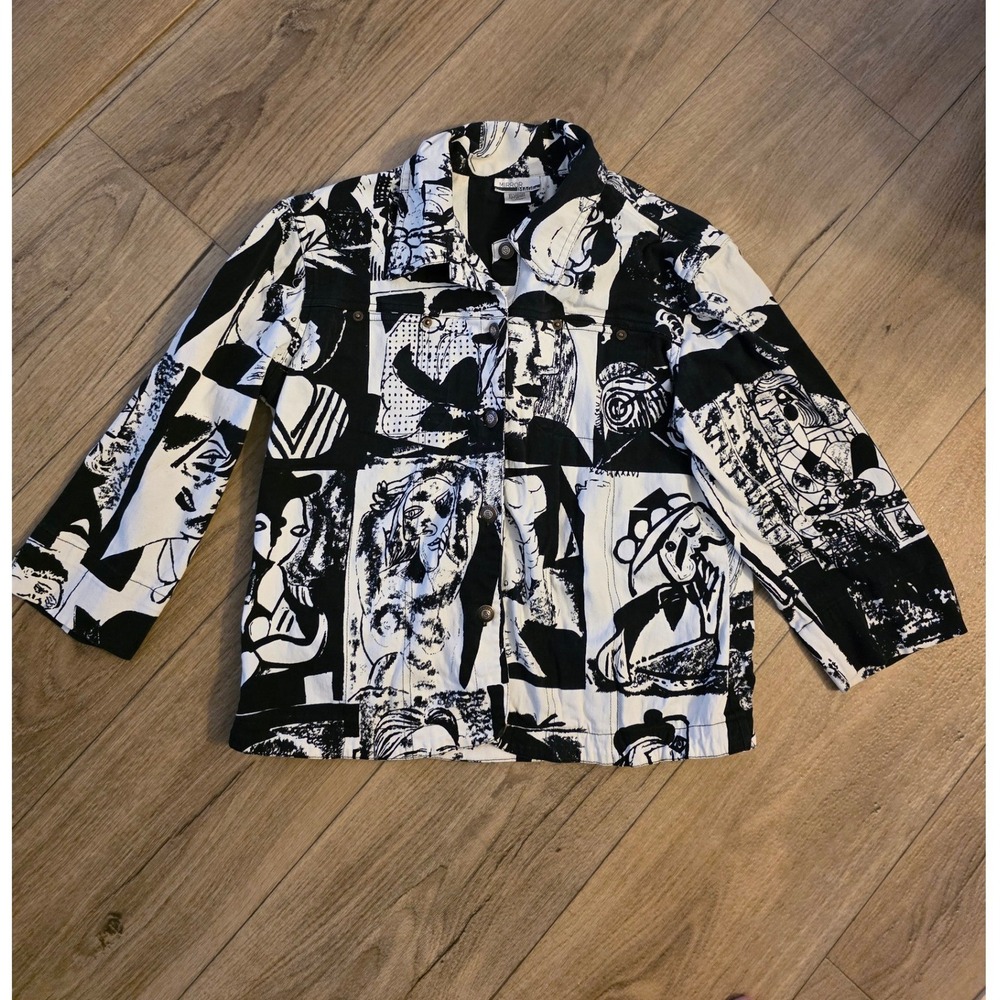 Mirror Image Women M Black White Picasso Abstract Face Print Jacket Stretch VTG